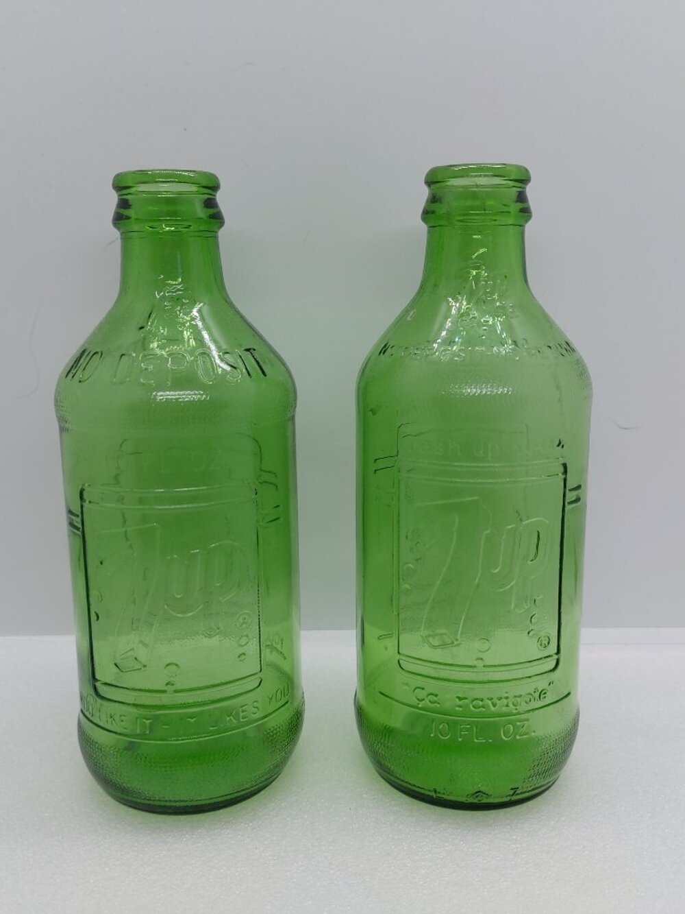 2 Vintage Embossed 7up Stubby Green Glass Bottles